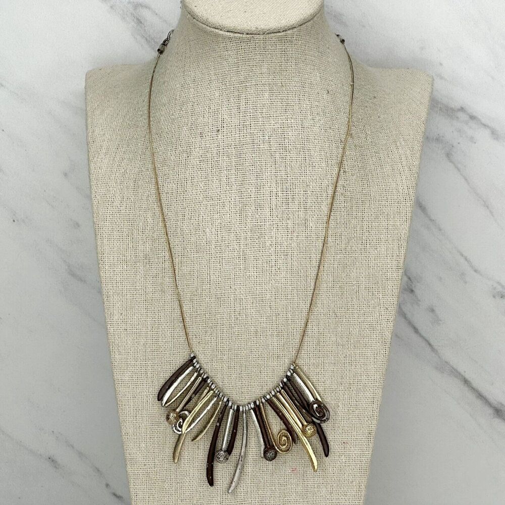 Chicos Silver Gold Tone Abstract Wire Bib Necklace Mixed Metal ✨